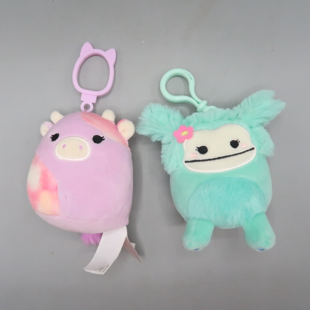 Squishmallow 3.5" Blue Yeti Bigfoot & Pink Cow Keychain Plush Lot‎ Hangers